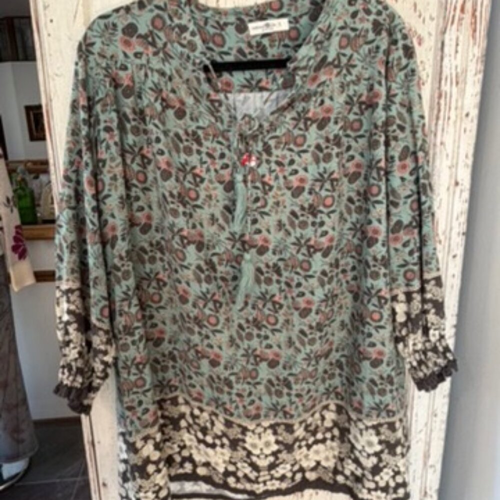 NATURAL LIFE Teal Floral Mini Dress with Black & Cream Border - Picture 4 of 7
